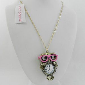 Betsey Johnson Gold Tone Back To Cool Owl & Clock Pendant Necklace Long Chain